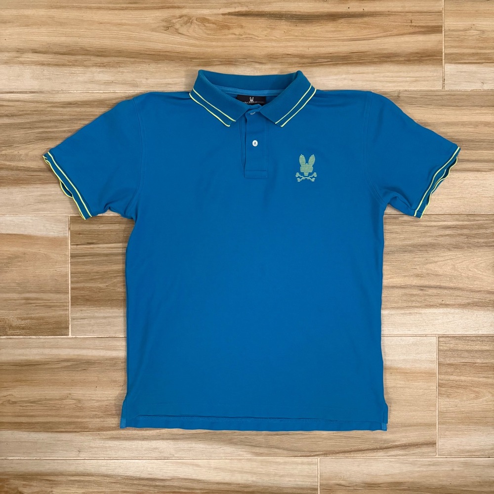 Psycho Bunny Mens Blue Pique Polo Shirt Neon Tipped Size 5 Medium Large